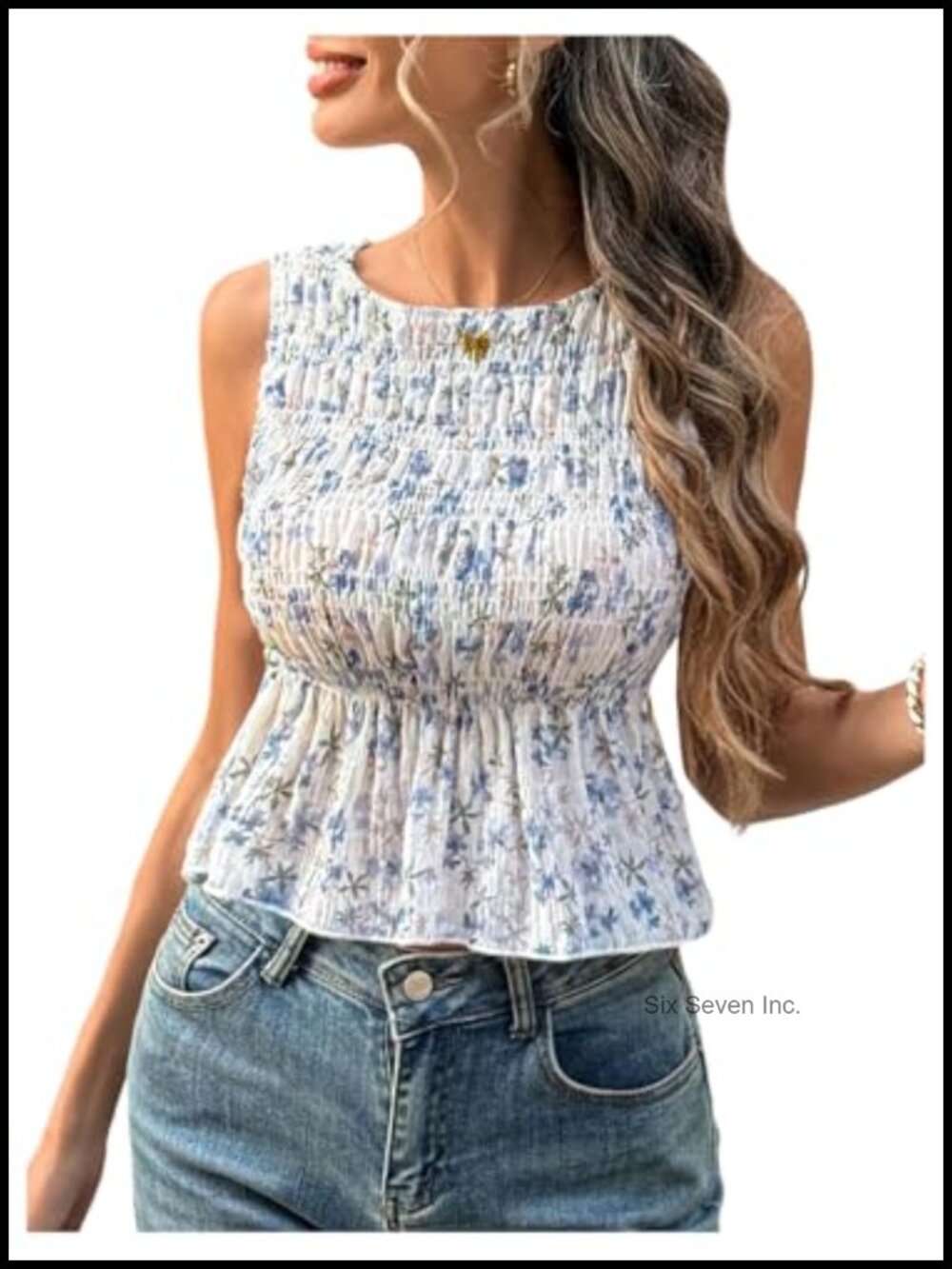 Floral Smocked Peplum Crop Top Crew Neck Sleeveless Summer